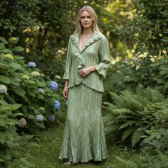 Miland Iridescent Green Maxi Skirt Jacket Set Large Mermaidcore Fairycore Whimsy - Picture 15 of 15